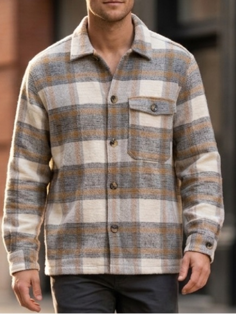 ZARA Plaid Textured Overshirt Tan Grey Men’s Medium Flannel Shacket